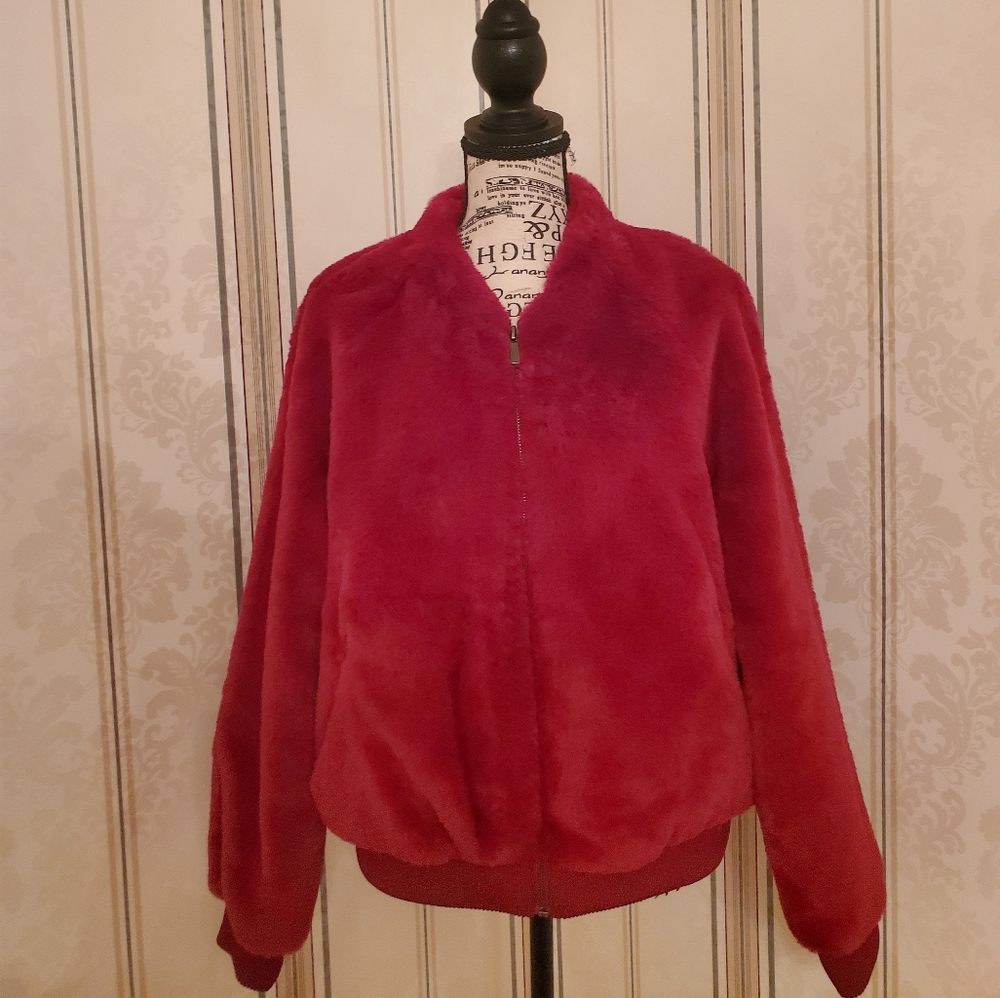 Red faux fur Bomber Jacket